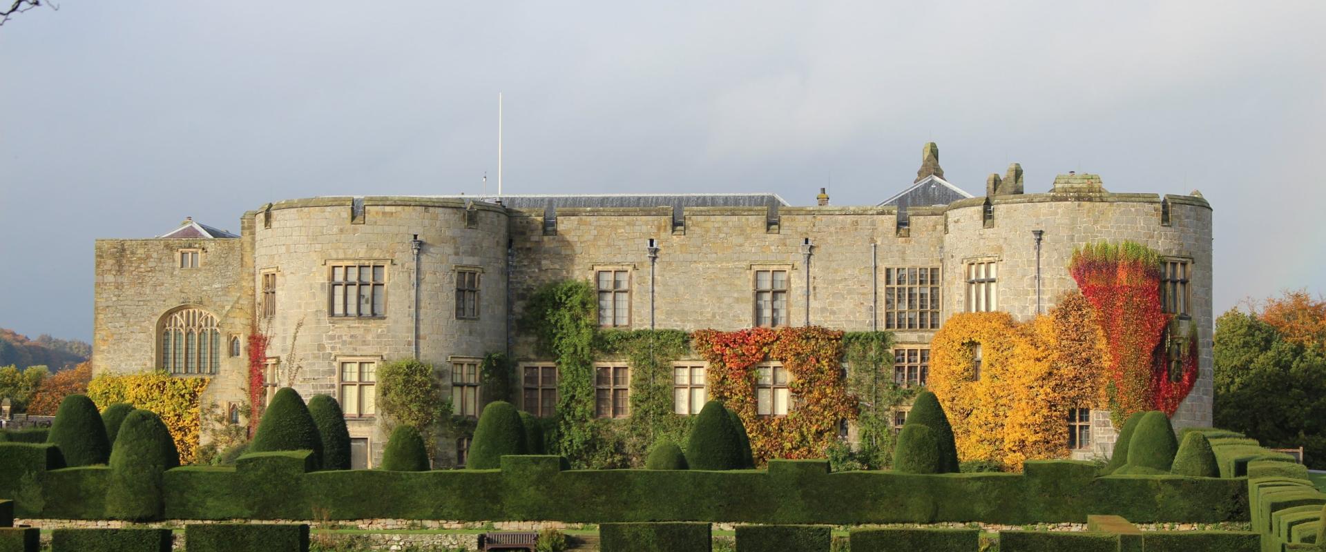 exterior image of Chirk Castle covered in autumnal leaves